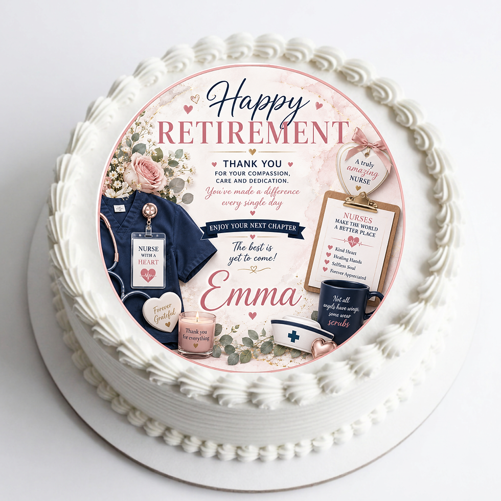 Personalised Nurse Retirement edible cake topper with floral nursing design and custom name.