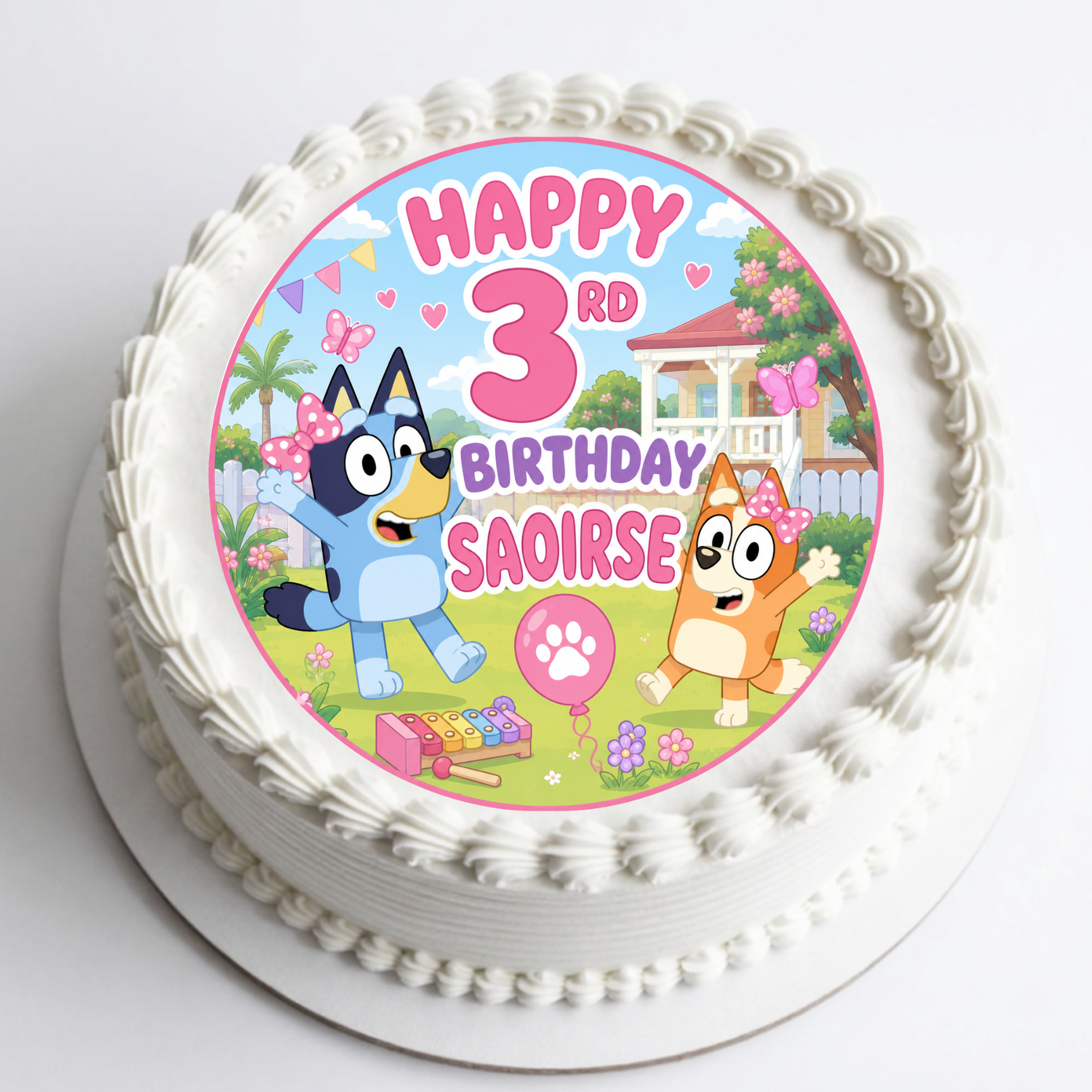 Bluey personalised edible birthday cake topper with custom name and age printed on premium icing sheet in Ireland.