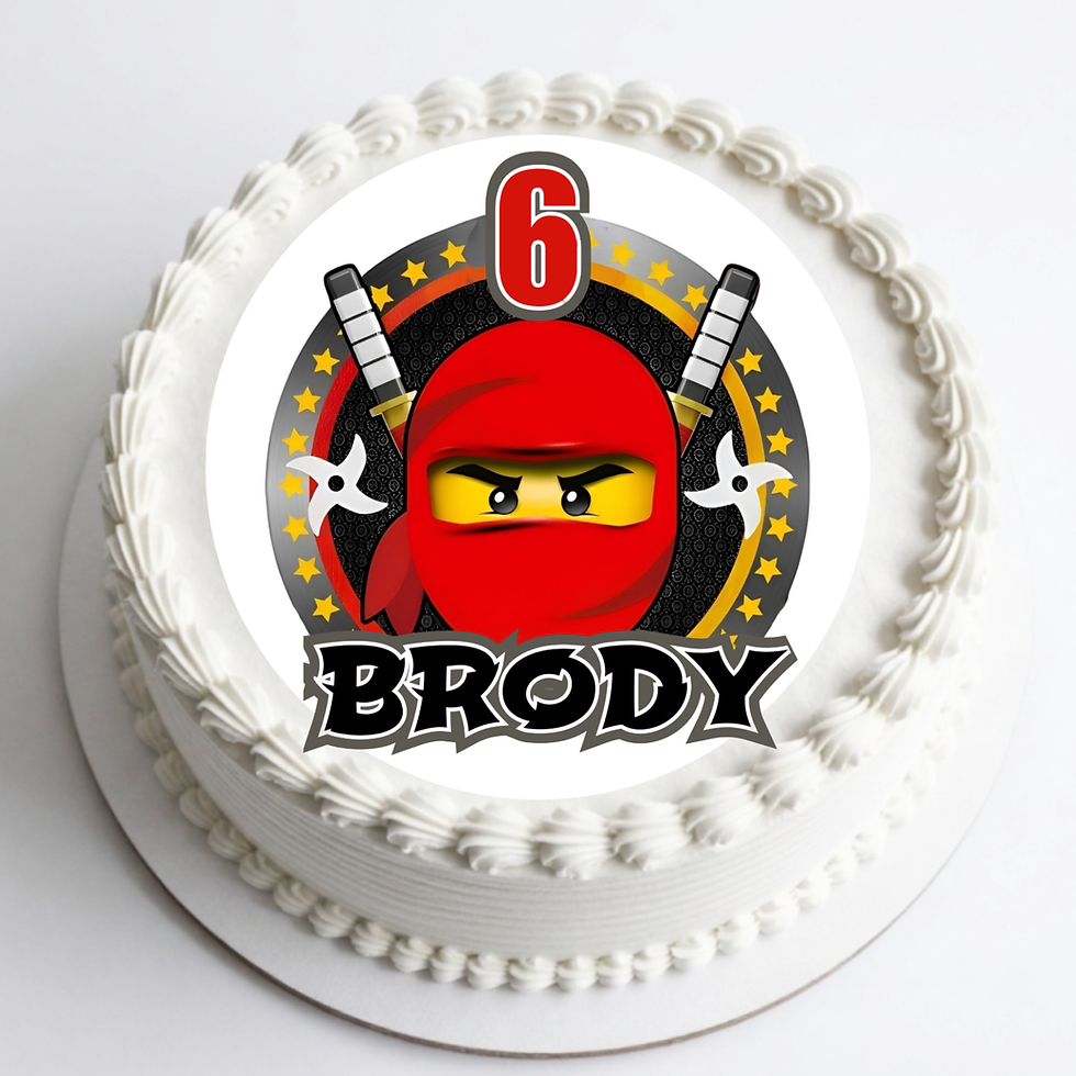 Personalised LEGO Ninjago edible birthday cake topper with name and age for a children's birthday cake.