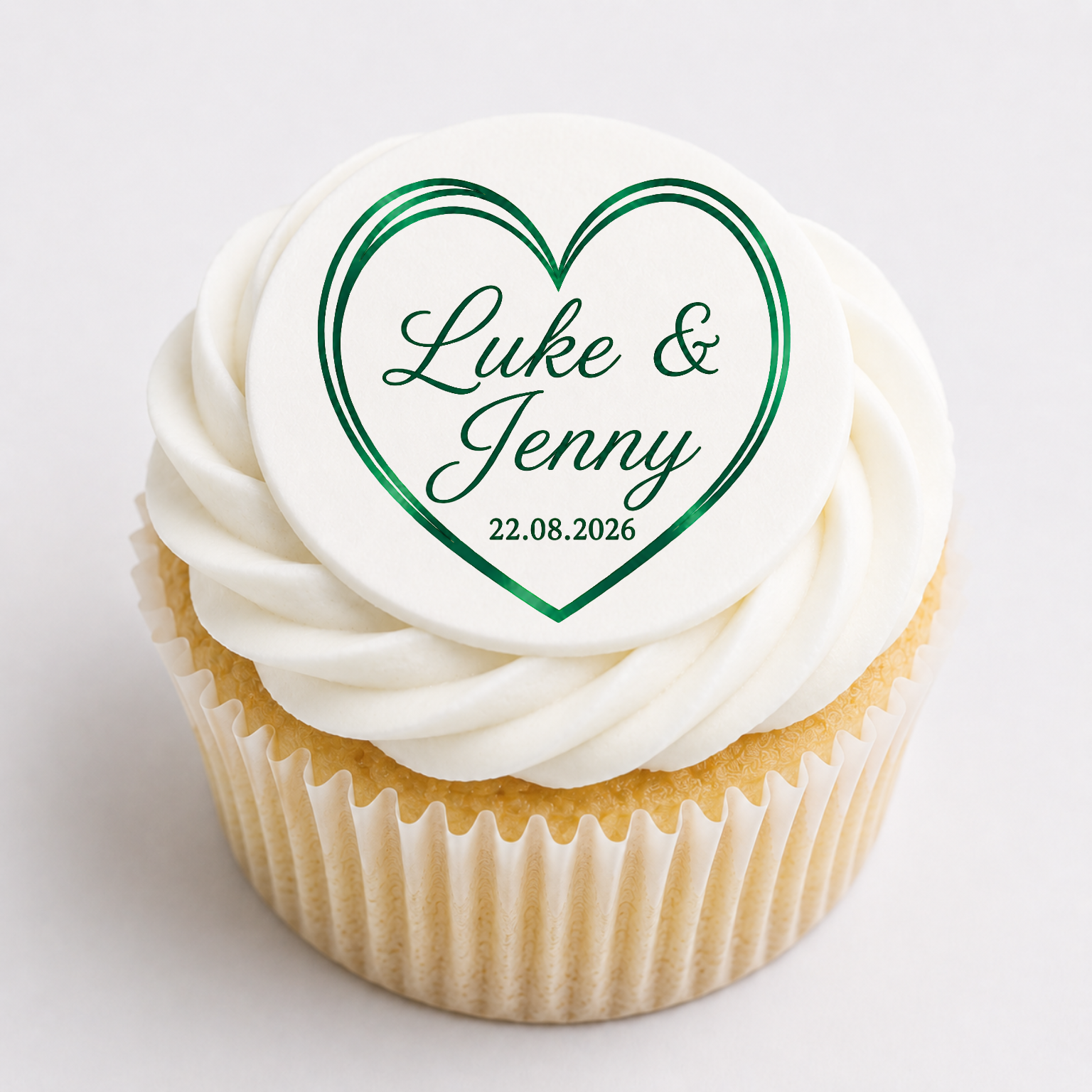 Wedding edible cupcake topper with green heart, custom names and wedding date