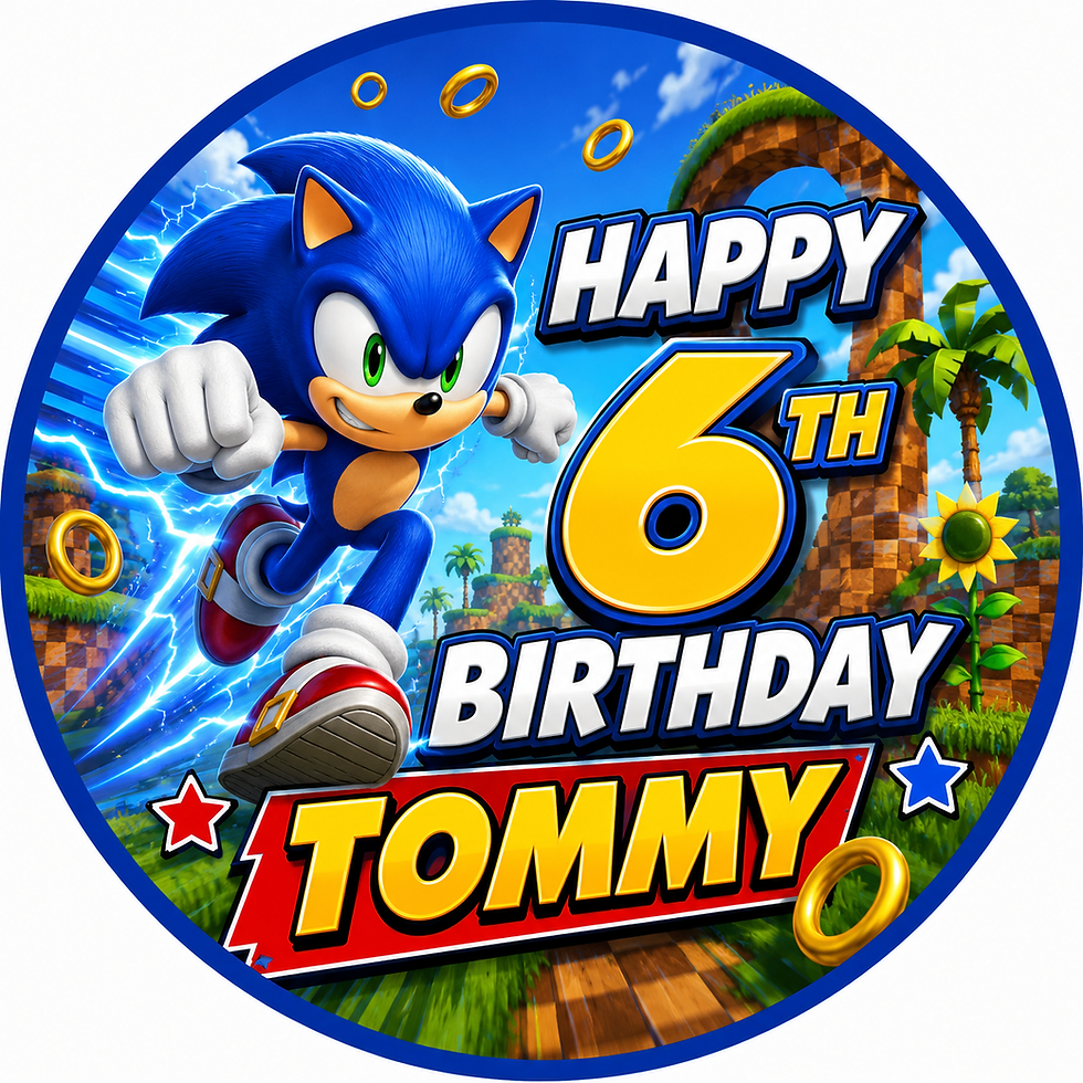 Sonic the Hedgehog birthday cake topper with custom name and age edible cake decoration