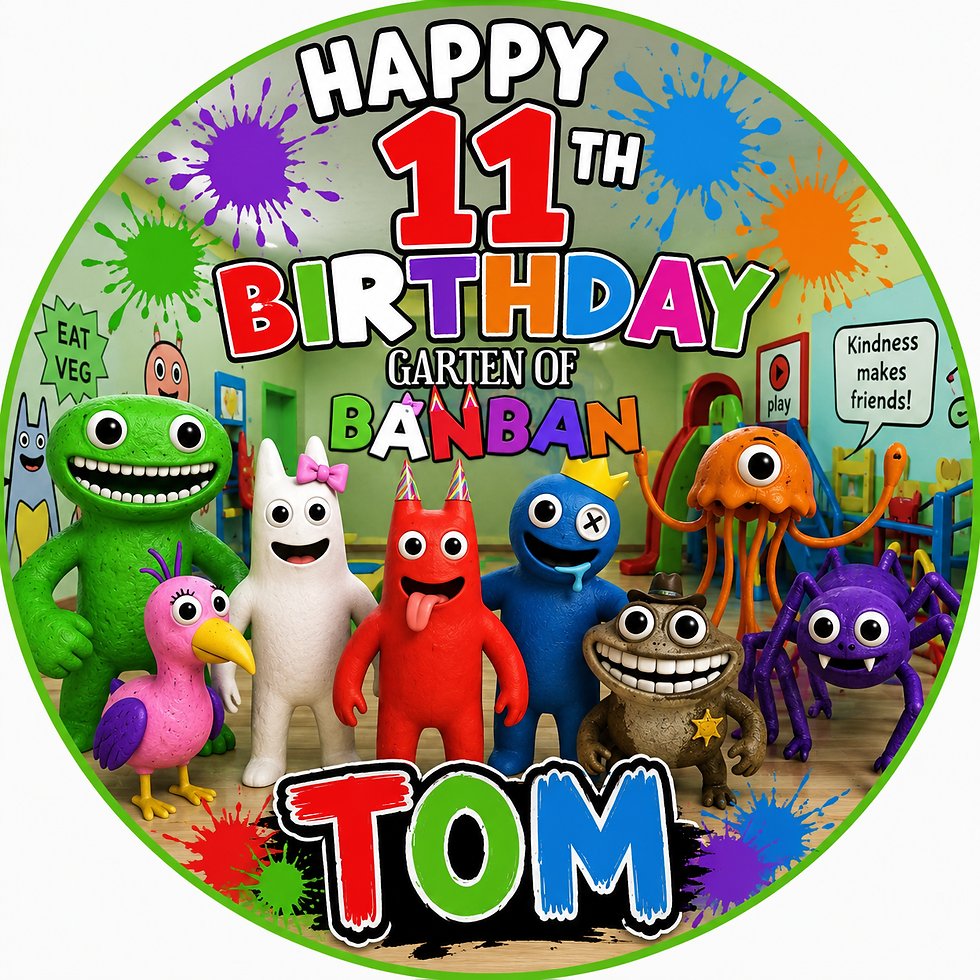 Garten of Banban edible cake topper with custom name and age for a gaming themed birthday cake.