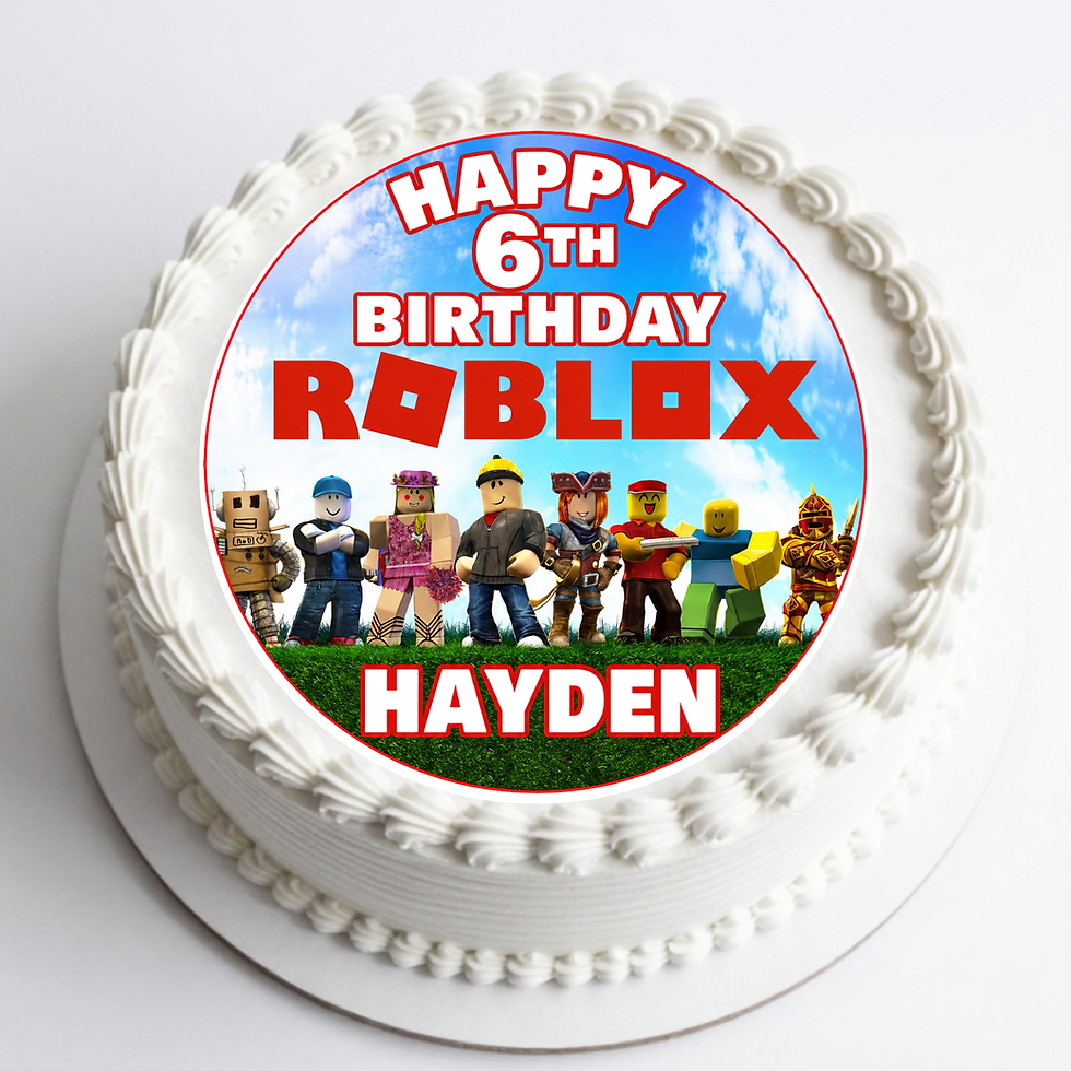 Thumbnail: Roblox edible cake topper with personalised name and age on a birthday cake