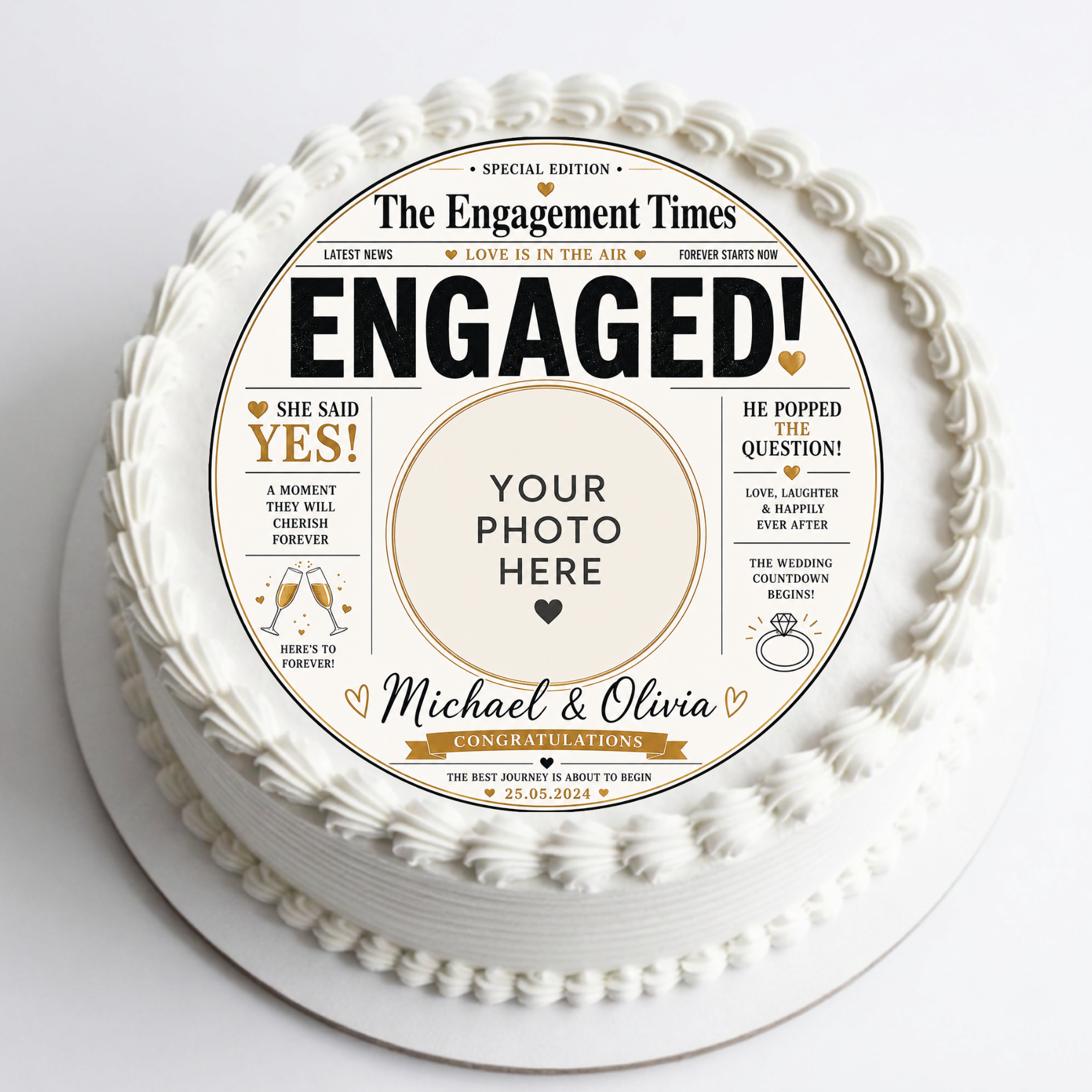Engagement newspaper photo edible cake topper with custom names and photo for engagement cake celebrations