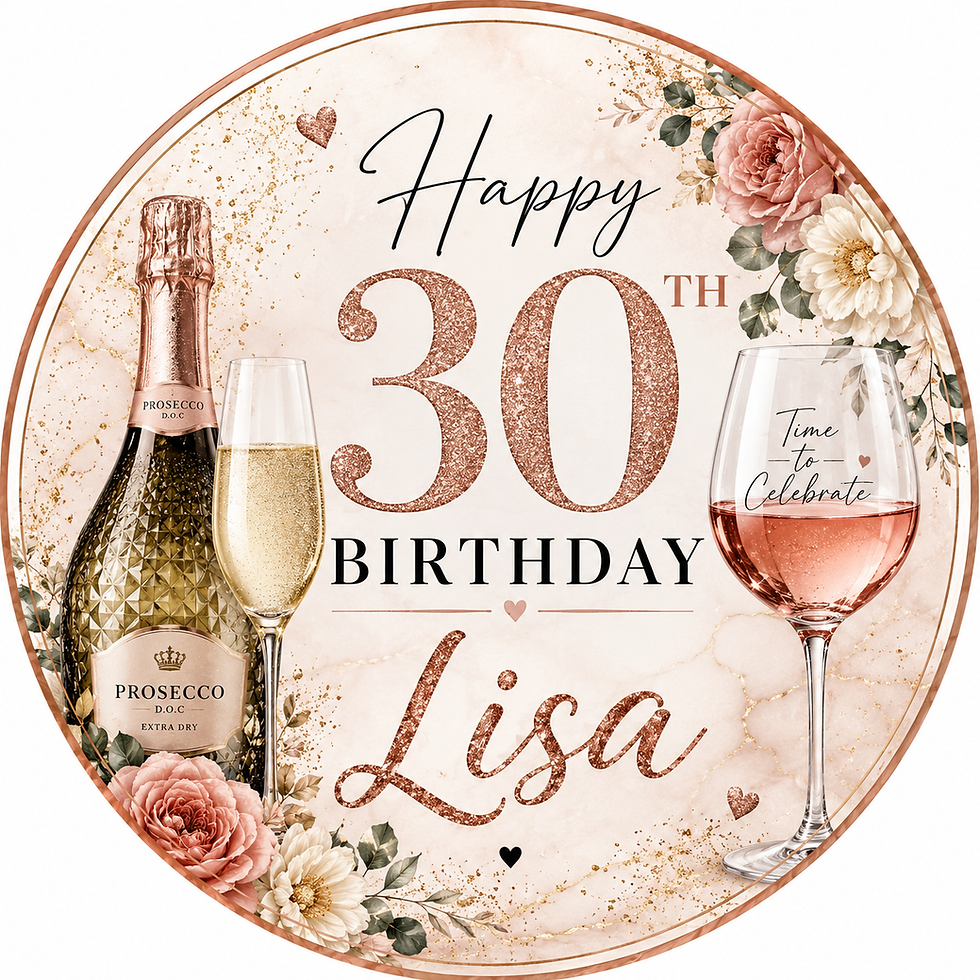 Personalised Prosecco birthday edible cake topper with rose gold design, flowers, name and age for a milestone birthday cake.