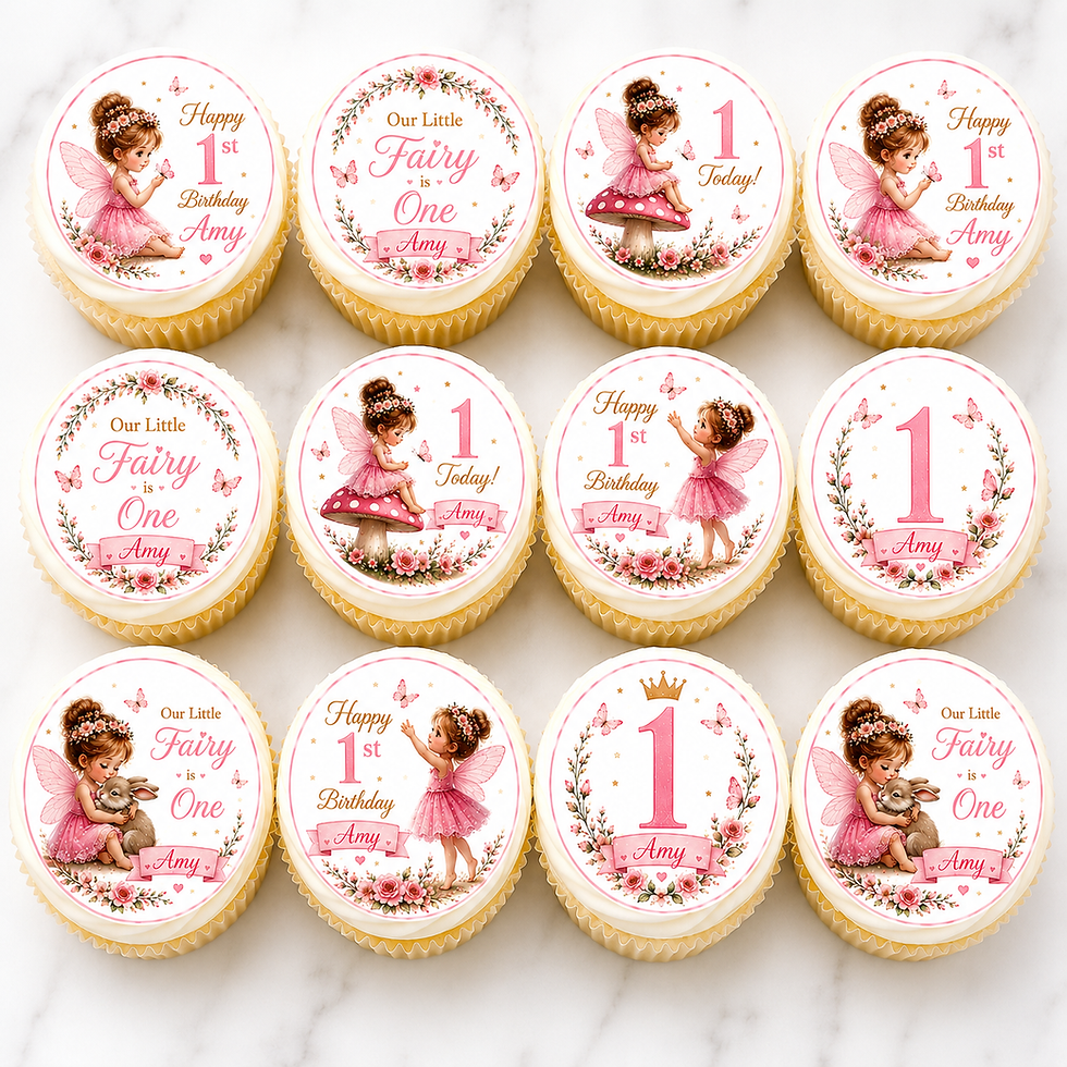Personalised fairy first birthday edible cupcake toppers with pink fairies and flowers for birthday cupcakes