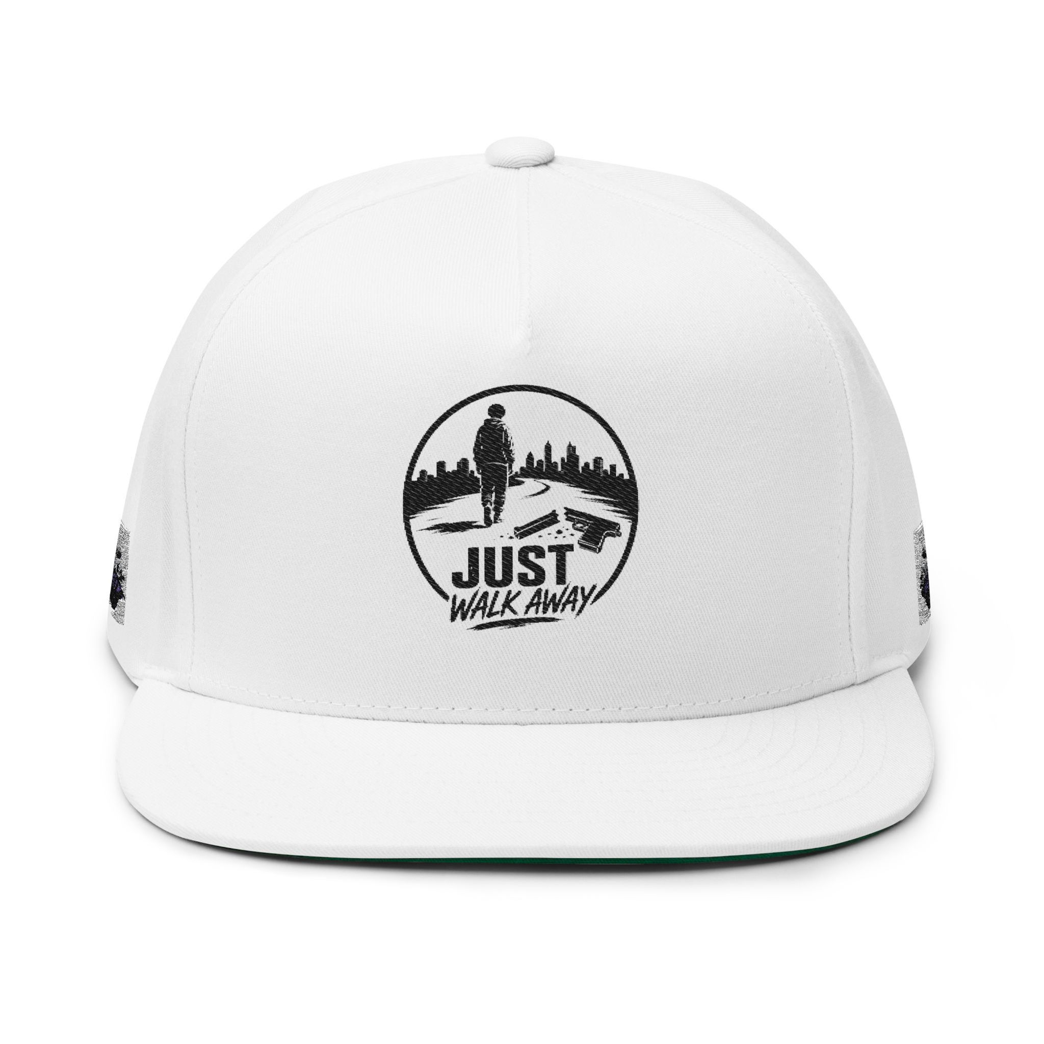 Flat Bill Cap — 'Just Walk Away' Embroidered Skull Logo Snapback