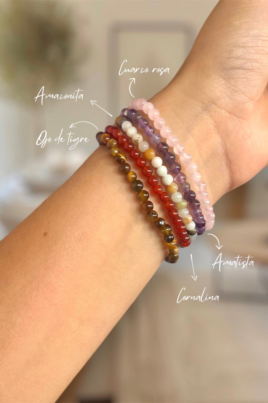 pulsera piedra natural amatista cuarzo rosa cornalina ojo de tigre