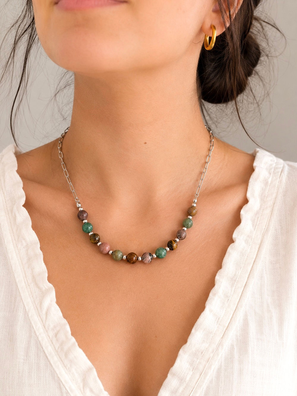 Collar Milo, con Ágata, Rodonita y Ojo de tigre