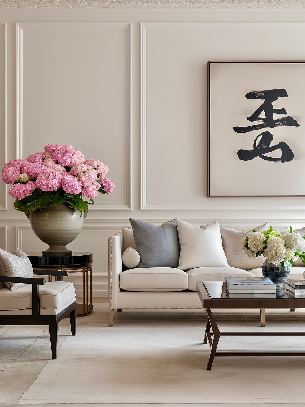 Modern Parisian luxury living room with large ink painting