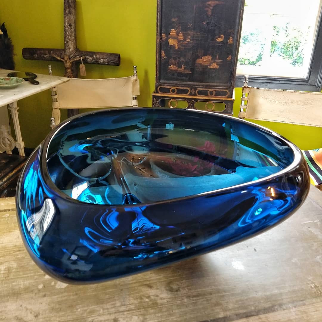 Huge Blue Art Glass Champagne Bowl