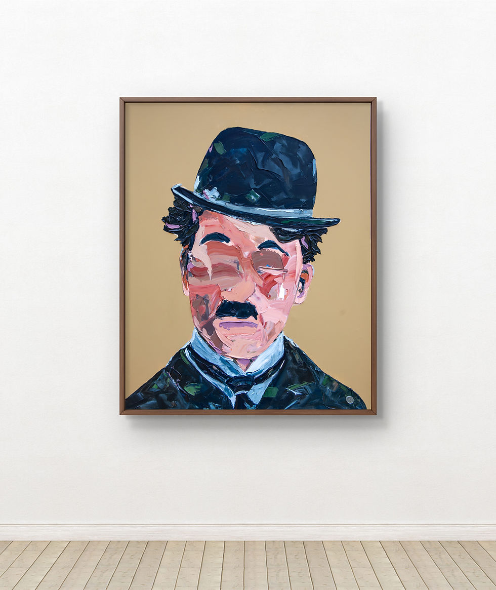 Faceless portrait painting of Charlie Chaplin in heavily textured acrylic  canvas, bowler hat visible, facial abstract
