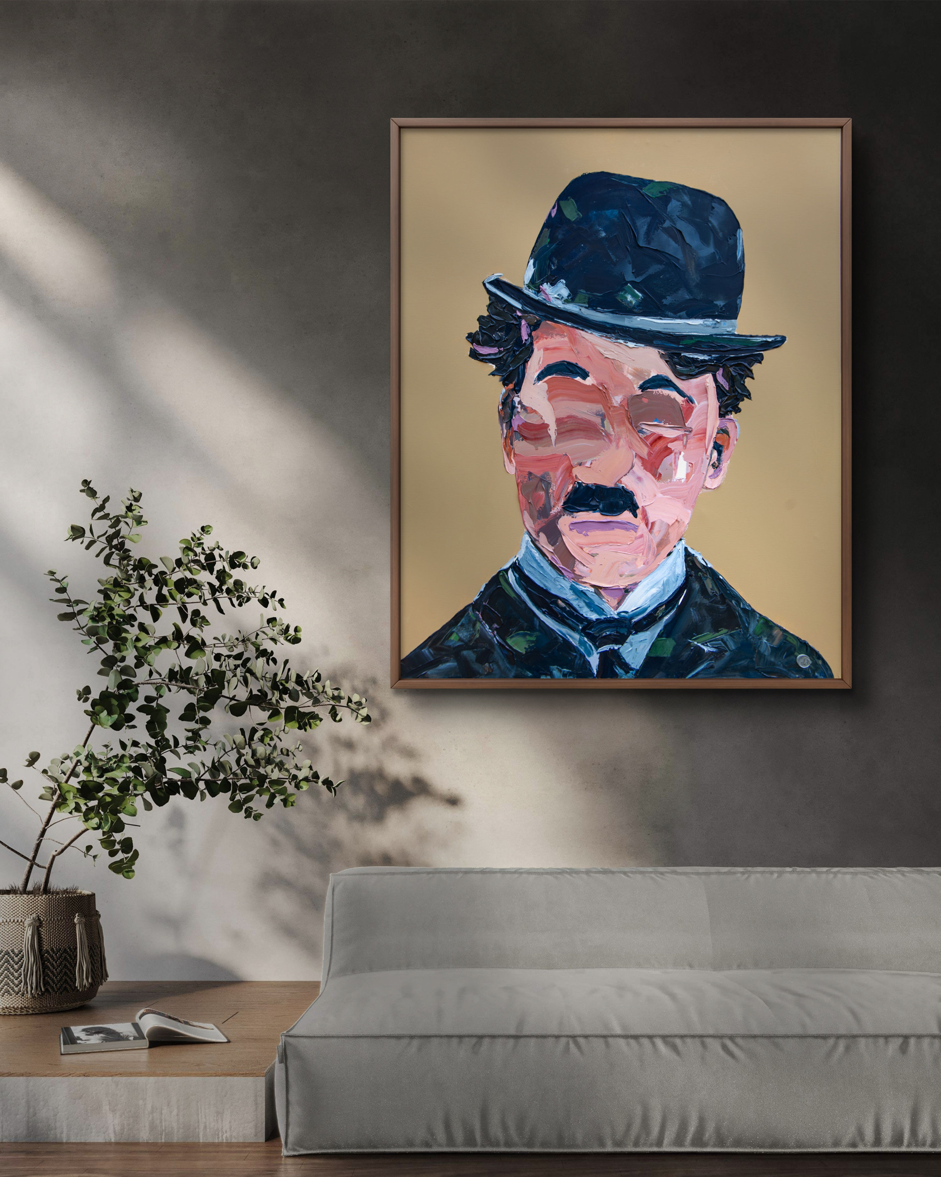 Faceless portrait painting of Charlie Chaplin in heavily textured acrylic  canvas, bowler hat visible, facial abstract