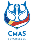 Blue CMAS logo, text "CMAS Seychelles" with flag colors.
