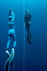 Two freedivers ascending and descending a line in deep blue ocean.