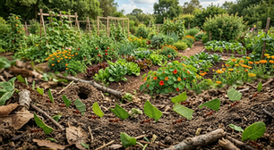 Fotografia em close-up de uma trilha de formigas cortadeiras carregando pedaços de folhas verdes sobre o solo marrom. Em primeiro plano, os detalhes das formigas em fila indiana. Ao fundo, uma horta agroecológica vibrante e diversificada, com canteiros de hortaliças, flores alaranjadas e estruturas de madeira para plantas trepadeiras sob uma luz solar suave.