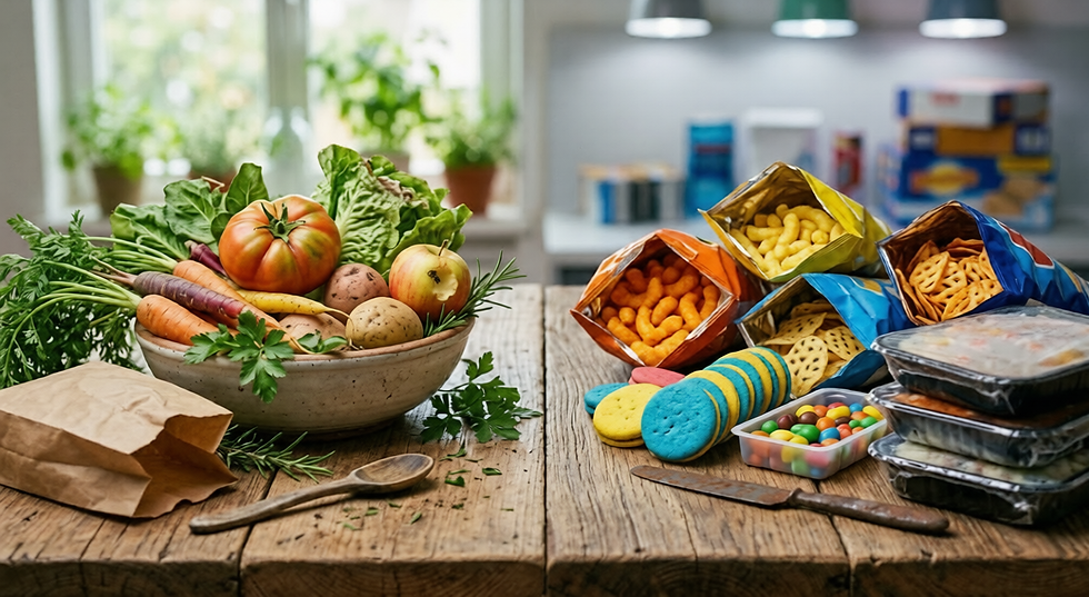 Comparação visual em uma mesa de madeira: de um lado, uma cesta com vegetais orgânicos frescos (tomates, cenouras); do outro, pacotes abertos de salgadinhos coloridos e alimentos ultraprocessados.