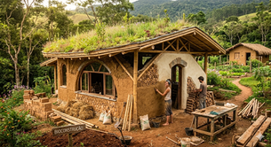 Canteiro de obras de bioconstrução com casa de terra e telhado verde, mostrando pessoas aplicando reboco natural em paredes de cob e cordwood em meio à natureza.