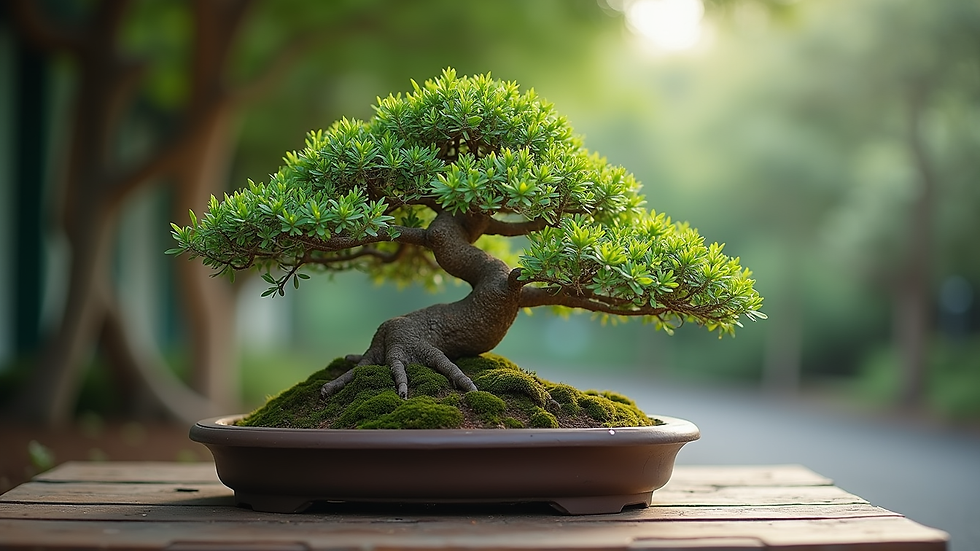 Eye-level view of bonsai tree with properly wired branches