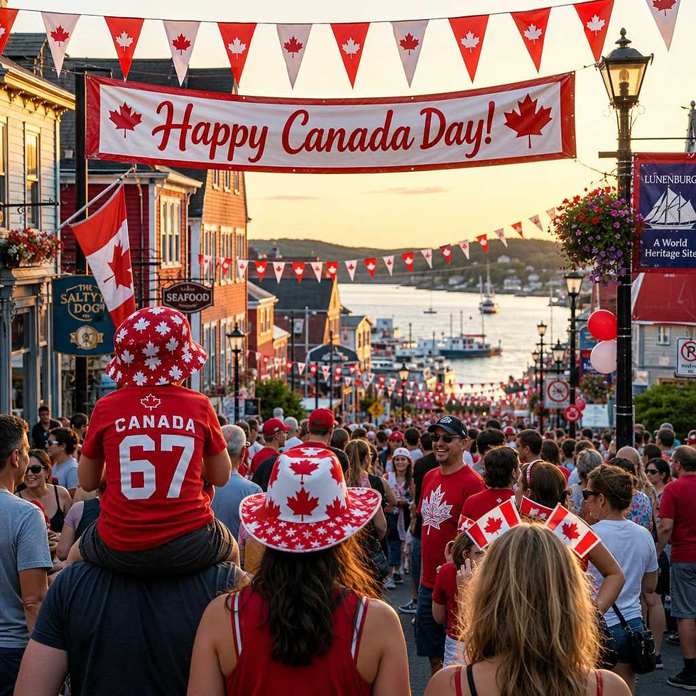 Lively Canada Day celebration with crowds and holiday decorations in a harbor town