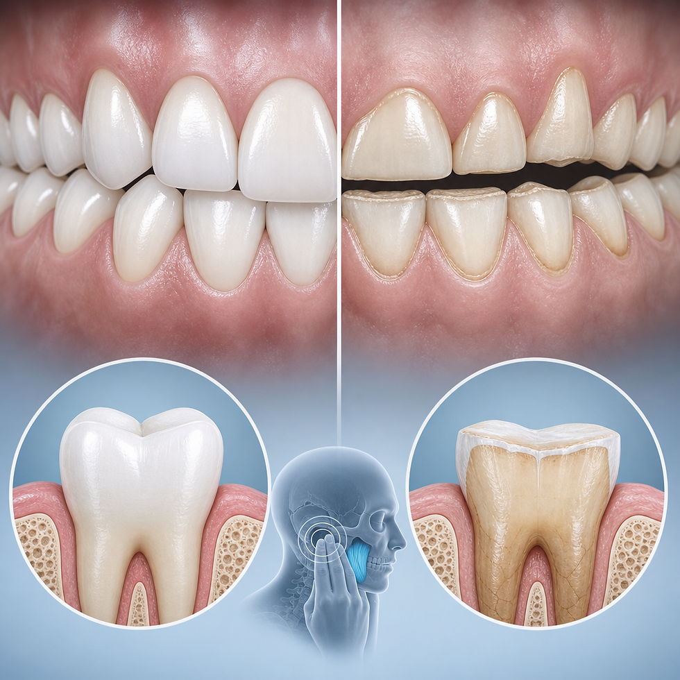 Side-by-side comparison of healthy tooth enamel versus damage from teeth grinding