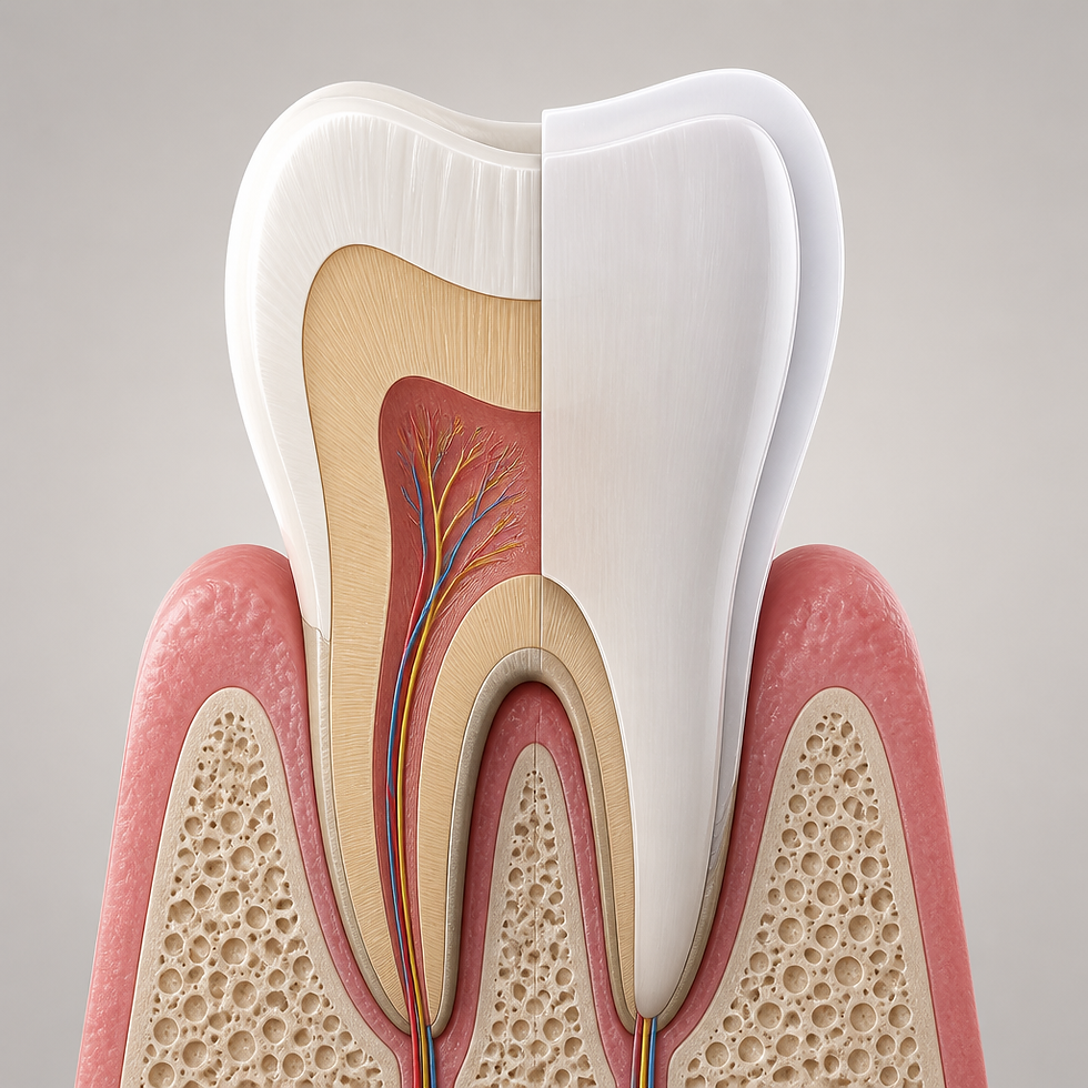 Cross-section comparison of natural tooth structure and veneer layer