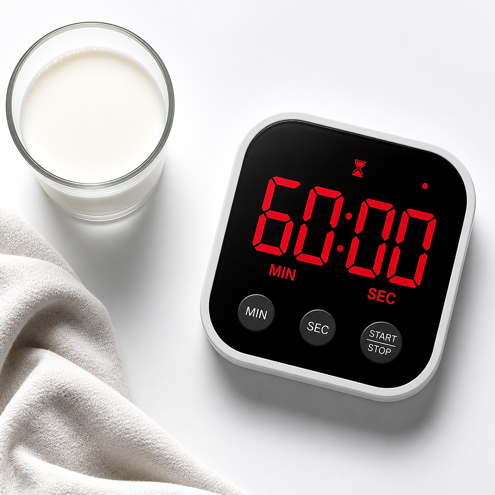 Digital timer counting down 60 minutes next to milk and cloth for tooth preservation