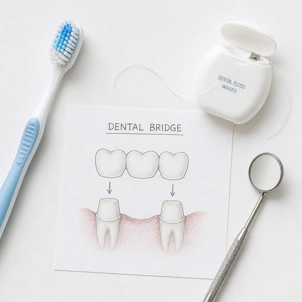 Dental care products and bridge maintenance tools arranged on clean white surface