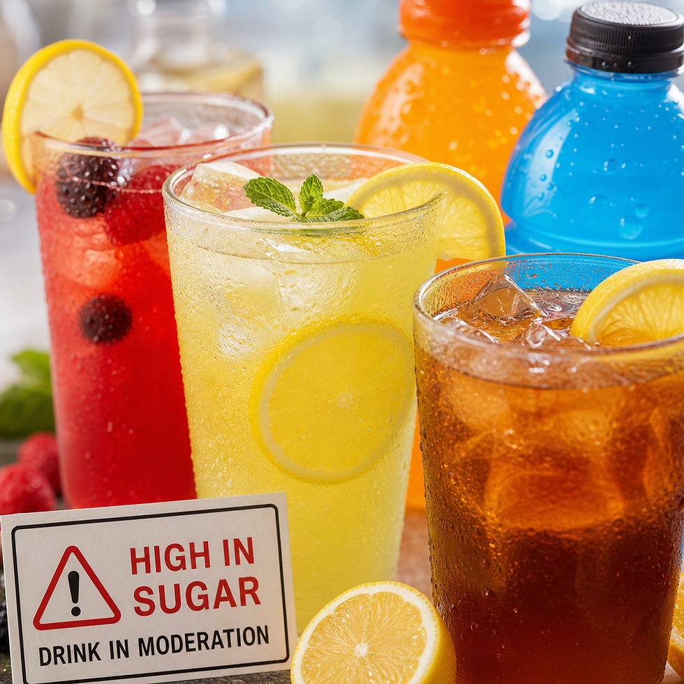 Assortment of sugary summer drinks including lemonade and sports beverages in glasses
