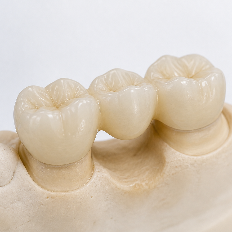 Close-up view of a dental bridge showing the artificial middle tooth anchored between two dental crowns