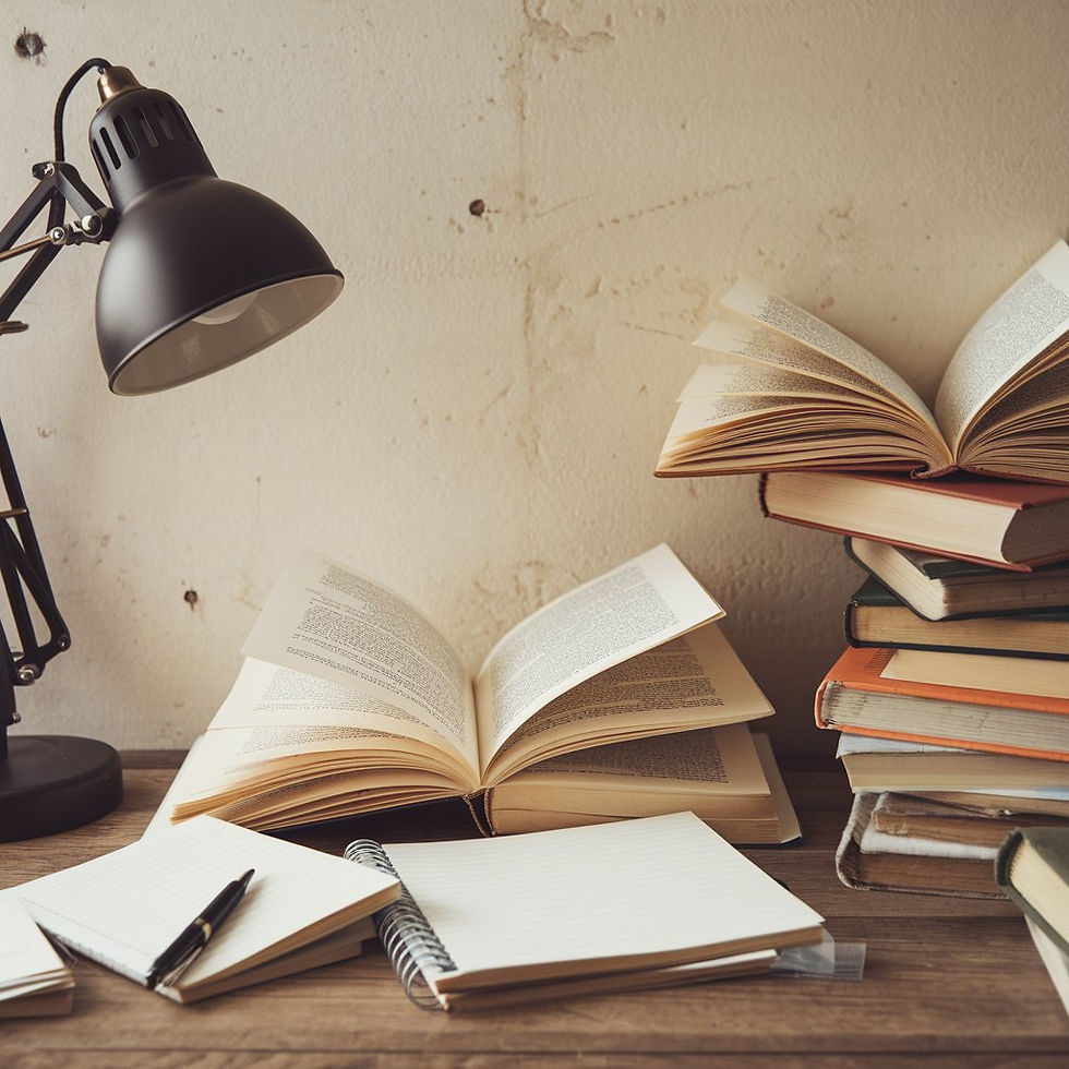 A cozy study setup with open books, a lamp, notebooks, and a rustic wooden desk.