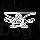 Logo for Little Dog Forge is a forge behind simple text Little Dog Forge, with a paw print behind it. 