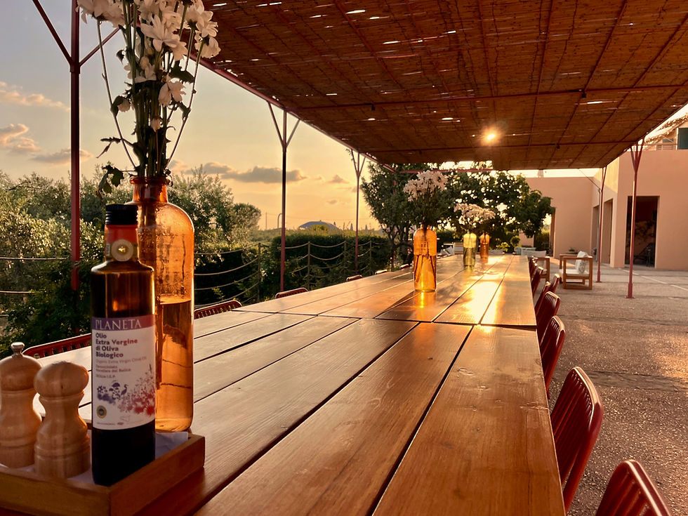 Wine tasting in Sicily in the sunset, outside Menfi at Planeta Country House