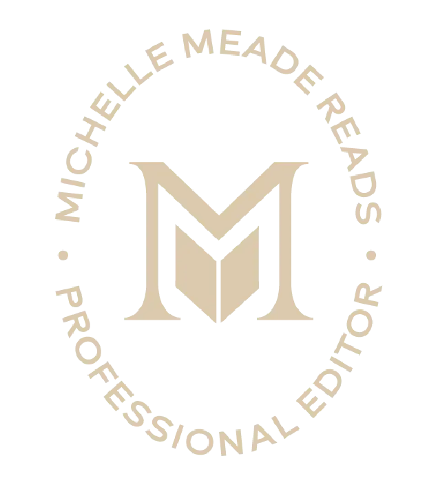 Michelle Meade Reads logo, a capital letter M with the image of an open book within it. Business name appears around it.