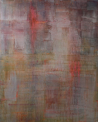 Slowed Downed is an  original minimalist abstract artwork unveils a subtle relief crafted from delicate, intertwining lines, reminiscent of the intricate grid of urban streets, as observed by Yael Salomon. Concealed within this intricate web are layers of fluorescent pink, light grey-blue, and gold, harmoniously coalescing to construct a serene geometric tapestry.