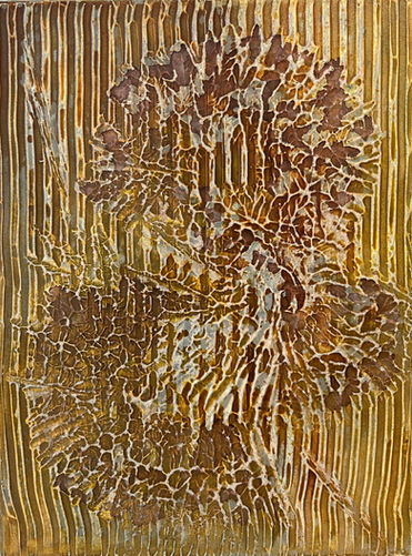 This series of intimate, textured paintings draws its essence from the Japanese art of ikebana—where every element is arranged with purpose, silence, and balance. Much like ikebana compositions, each piece embraces asymmetry, empty space, and the quiet dialogue between movement and stillness. The layered surfaces evoke organic forms—petals, branches, and roots—emerging from patterned fields that resemble both growth and containment. This is ikebana not in floral form, but as a visual meditation on presence, impermanence, and poise.