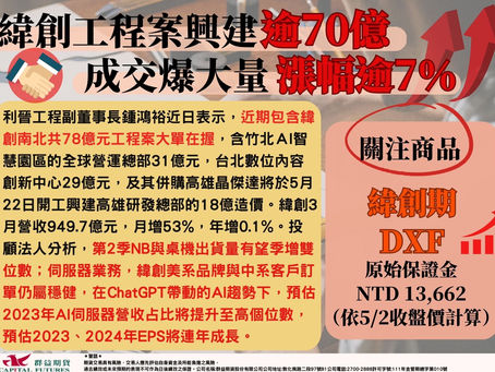 2023/05/02緯創工程案興建逾70億，成交爆大量漲幅逾7％