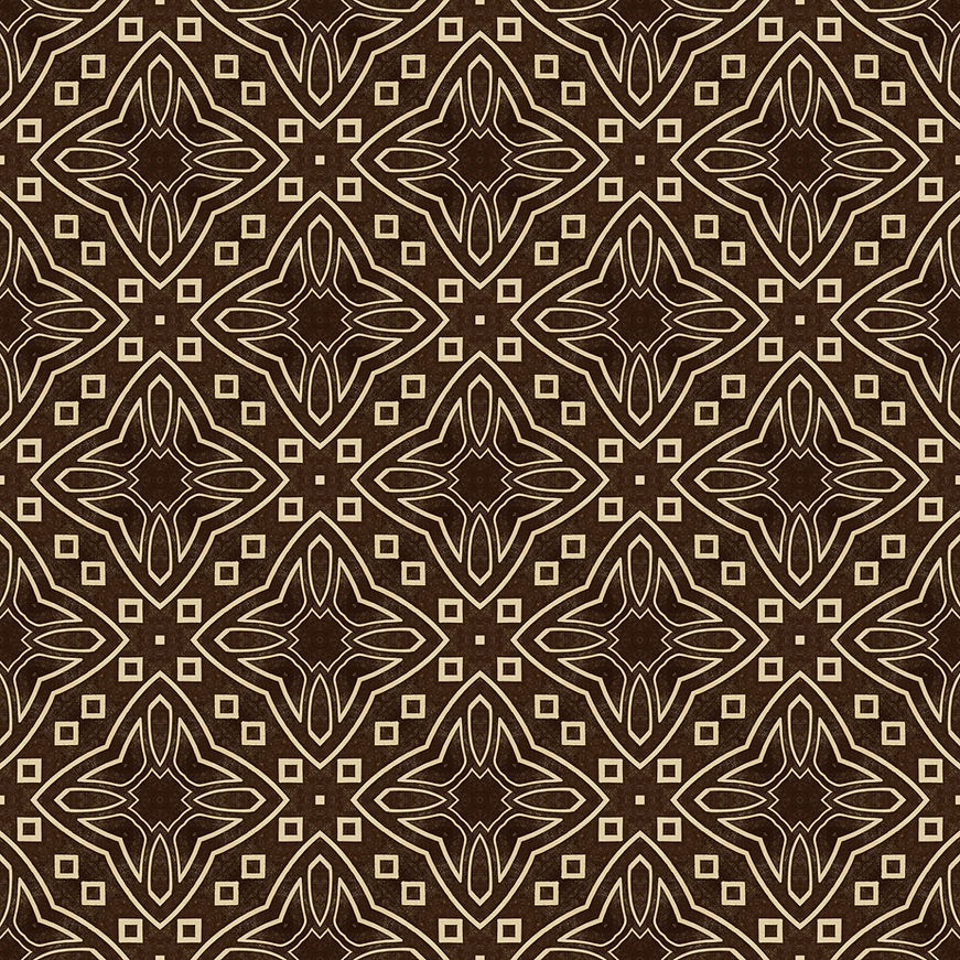 Ornamental seamless background pattern with beige floral lines on dark brown tile design,
