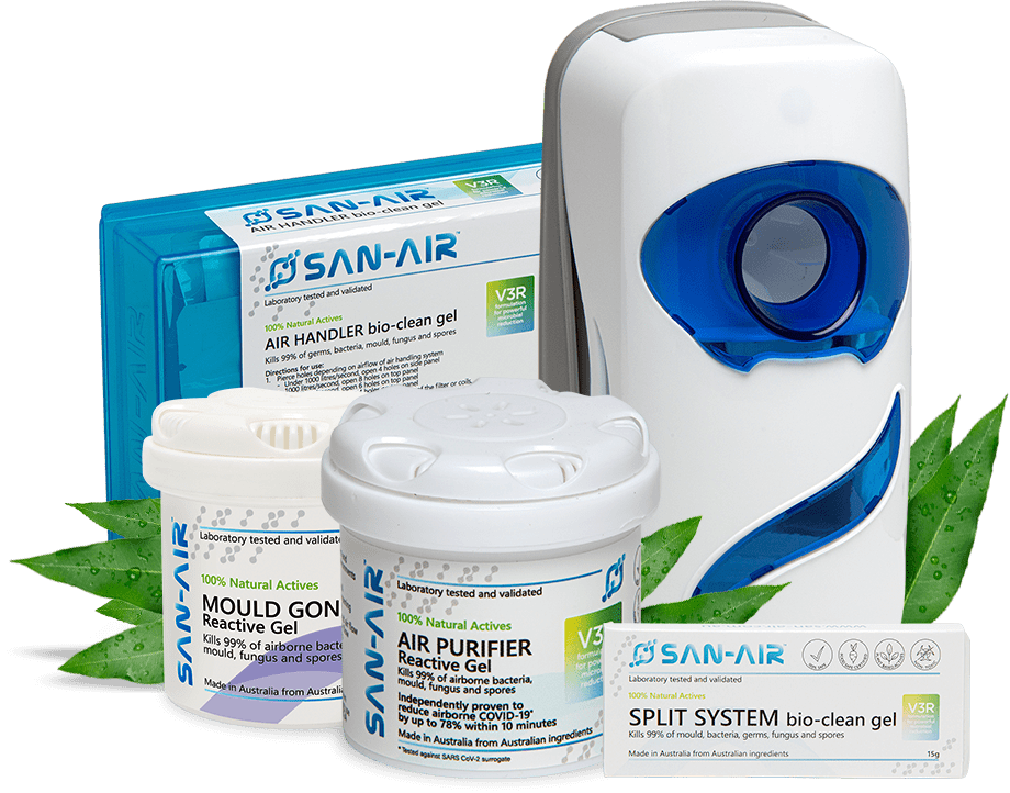 A product group shot of SAN-AIR natural mold remediation and air purification products against a black background with green leaves. The collection includes "AIR HANDLER bio-clean gel" in a blue rectangular box, "MOULD GONE Reactive Gel" and "AIR PURIFIER Reactive Gel" in white round tubs, a small "SPLIT SYSTEM bio-clean gel" box, and a white and blue wall-mounted dispenser unit.