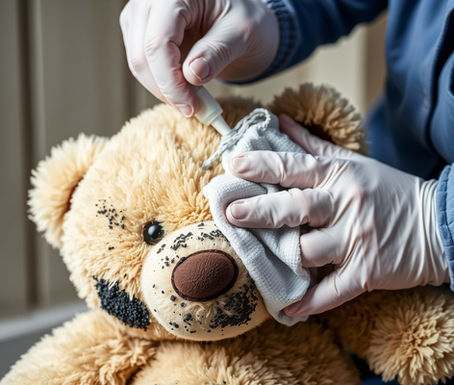 teddy bear covered in black mould being cleaned with bleach