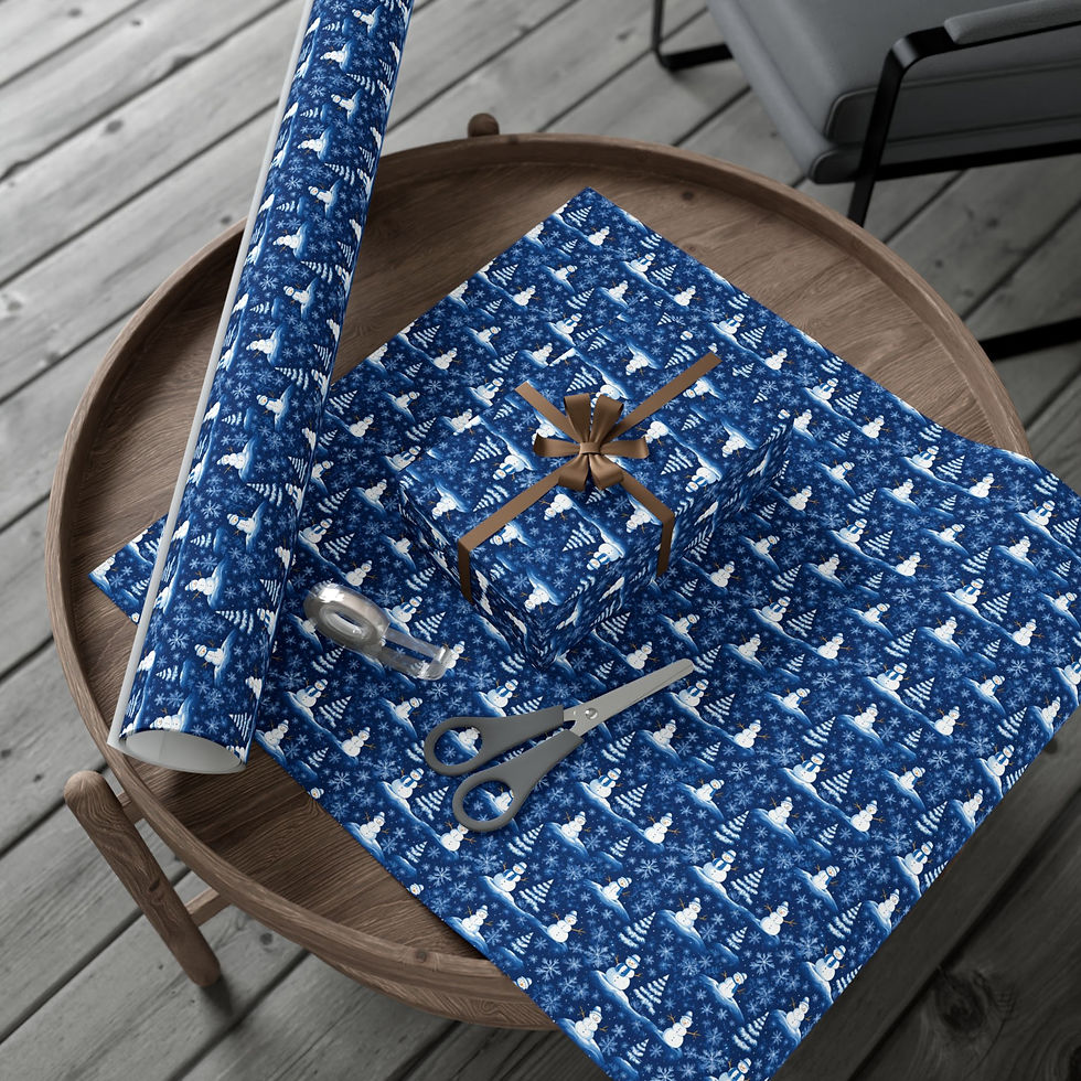 Thumbnail: Snowman and Pine Trees Gift Wrap | Blue Holiday Wrapping Paper