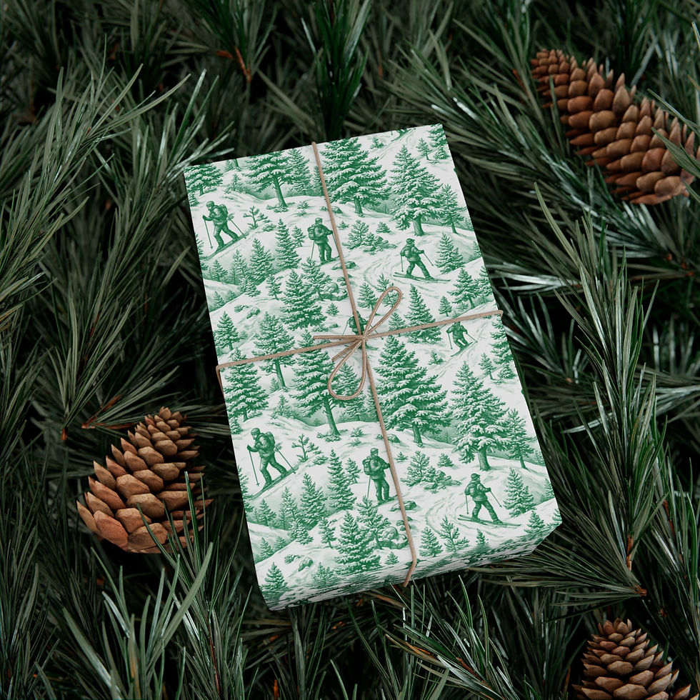 Thumbnail: Green Nordic Skiers Forest Gift Wrap Paper | Winter Trees Wrapping Paper