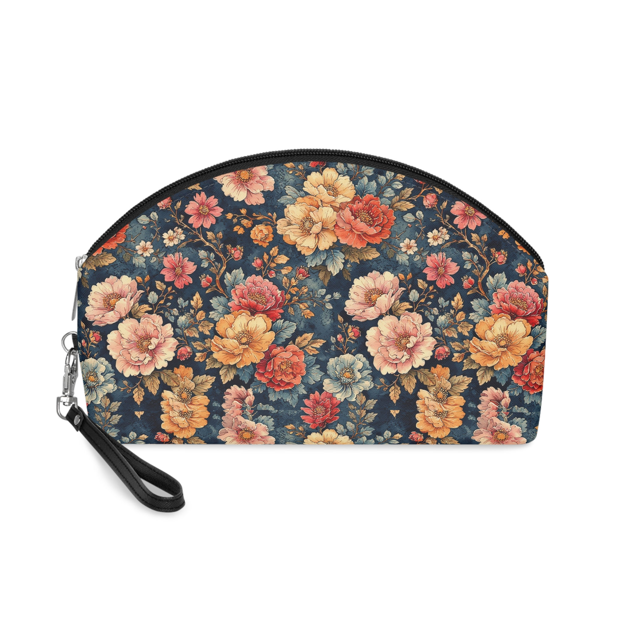 Vintage Floral Pattern Makeup Bag | Floral Cosmetic Pouch, Navy Rose Print