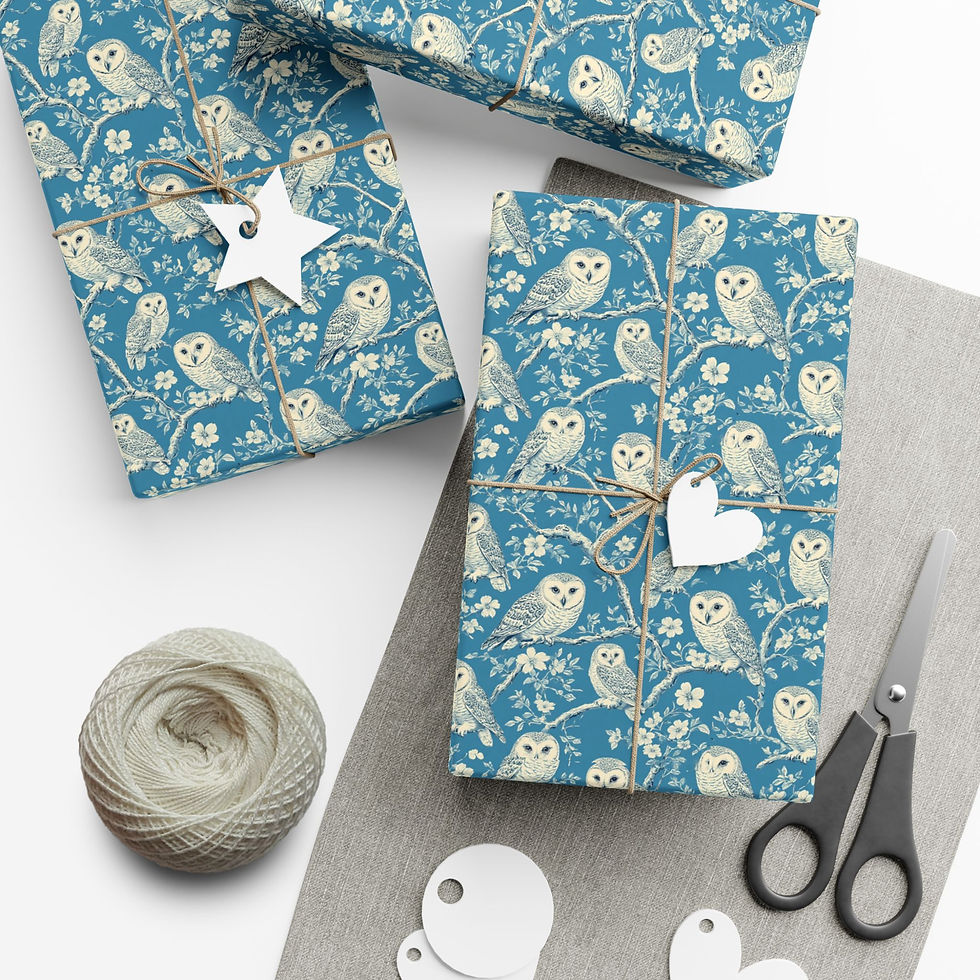 Thumbnail: Barn Owl Pattern Gift Wrap | Blue Woodland Wrapping Paper