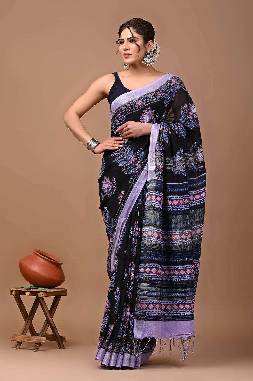 Classic Handblock Ajrakh Linen Saree
