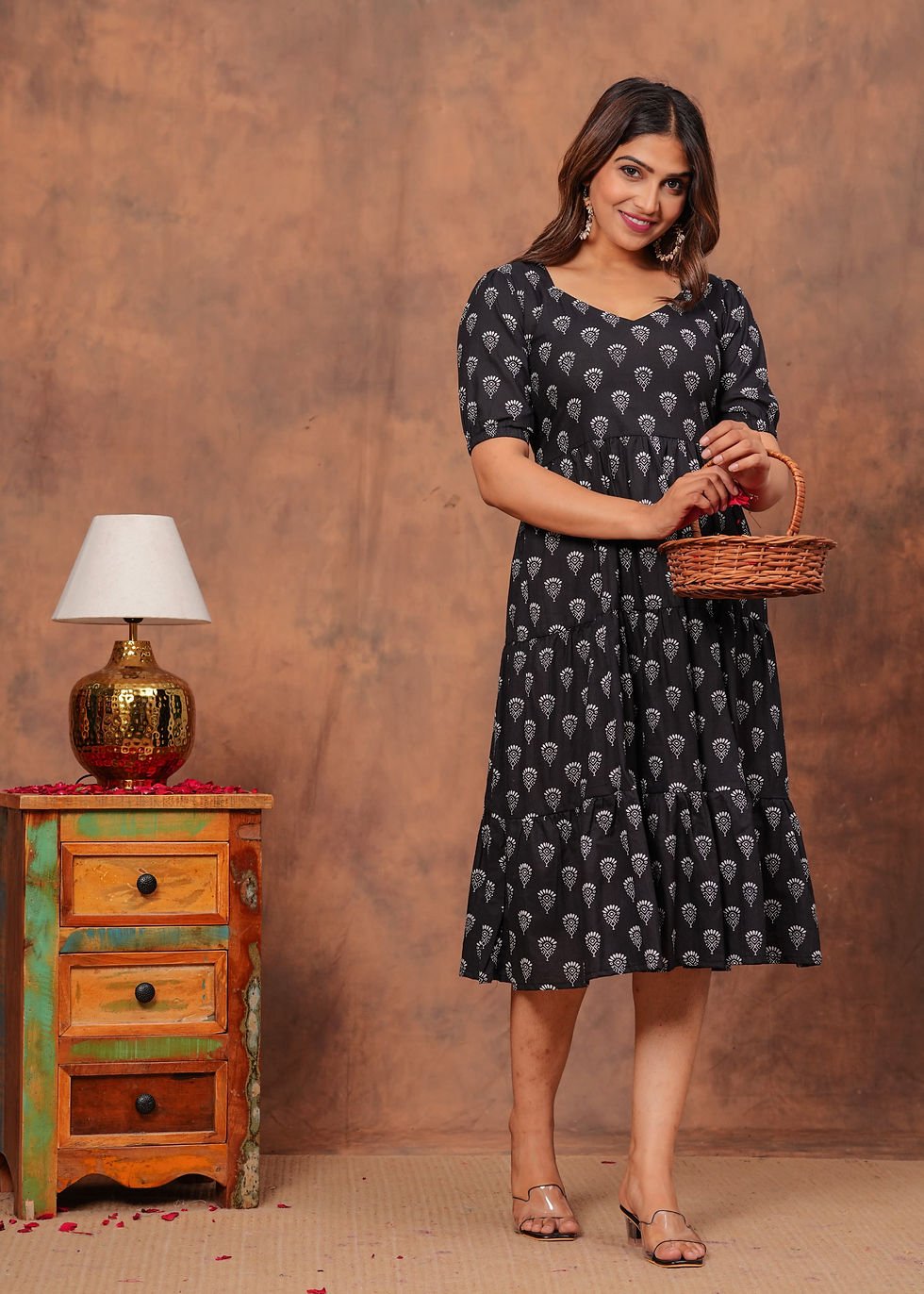 Cotton Frill Dress with Bagru Block Print