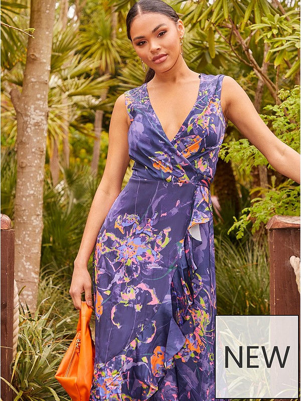Chi Chi London CHI CHI Ruffle Detail Floral Abstract Wrap Midi Dress In Navy

