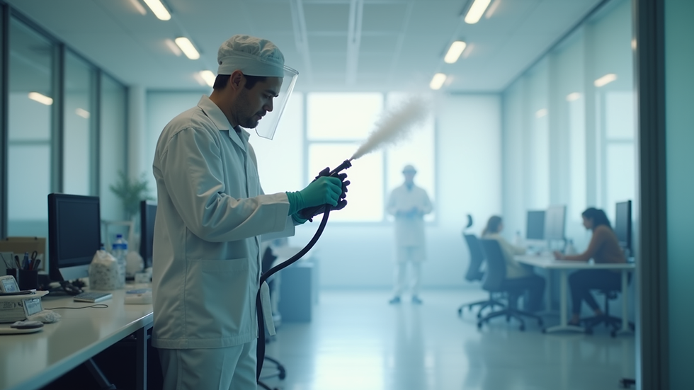 Eye-level view of a professional using electrostatic sprayer in a clean office environment
