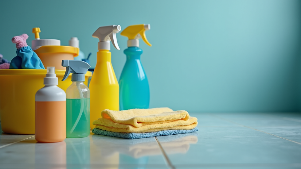 Close-up view of cleaning equipment and supplies arranged neatly