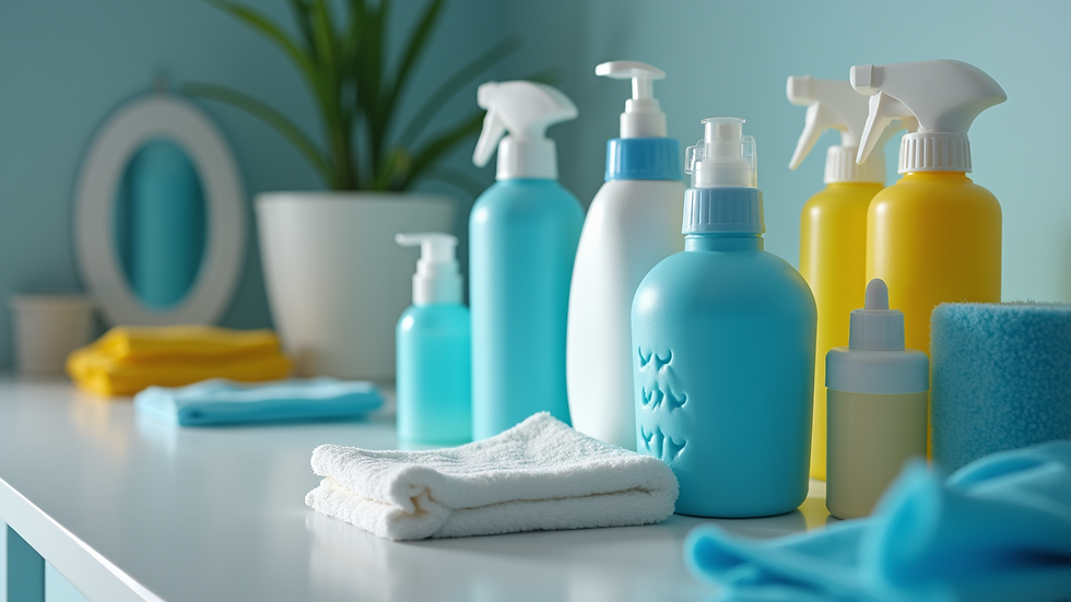 Close-up view of cleaning equipment and supplies arranged neatly